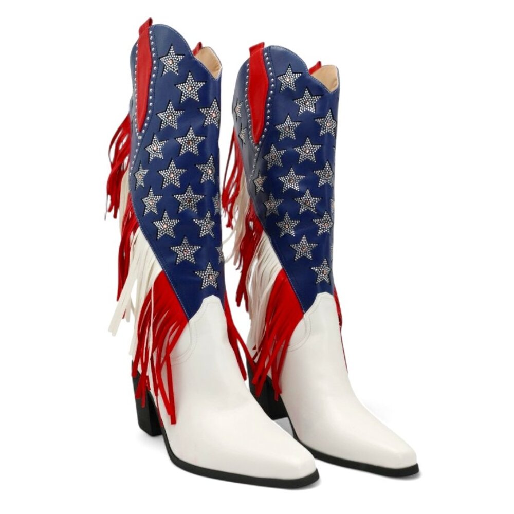 American Flag Size 11 Rhinestone Stars Fringe Knee High Block Heel Western Boot - Picture 8 of 16